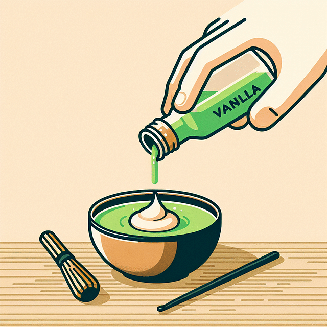 adding vanilla syrup to matcha in a bowl