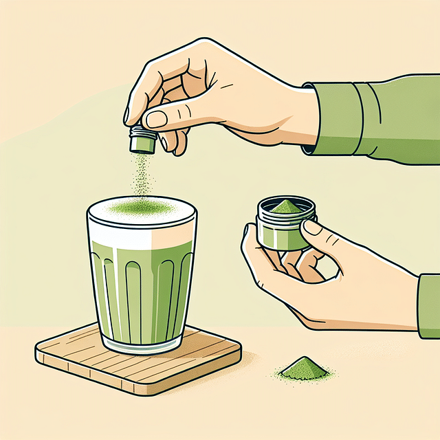 sprinkling matcha powder on top of a matcha latte