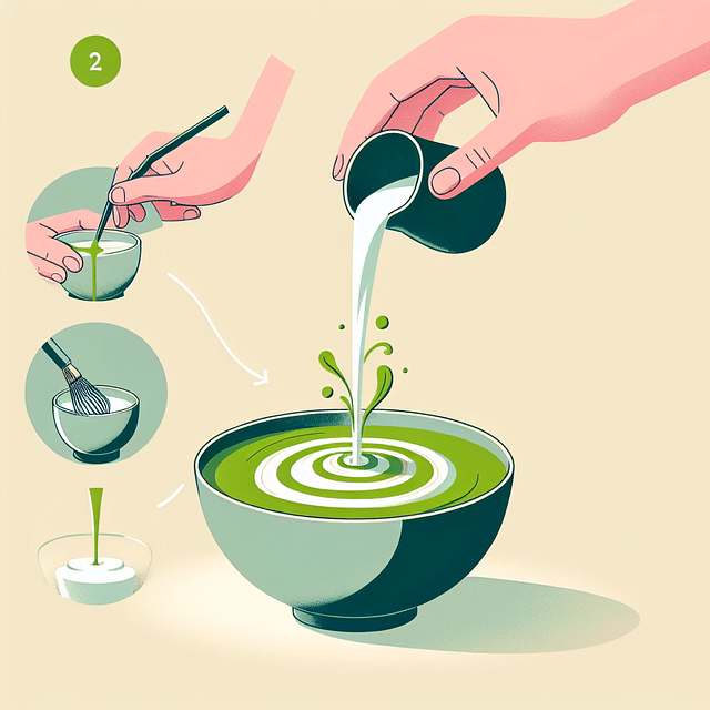 pouring frothed milk into matcha bowl creating swirls