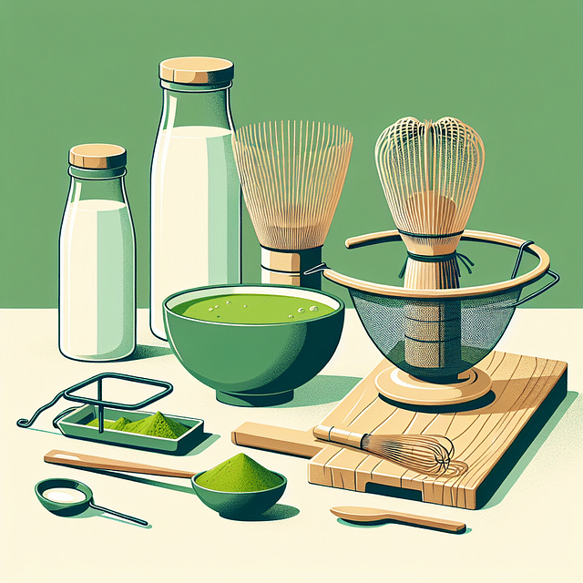 matcha powder, bamboo whisk, fine mesh sieve, matcha bowl, and milk on a kitchen counter