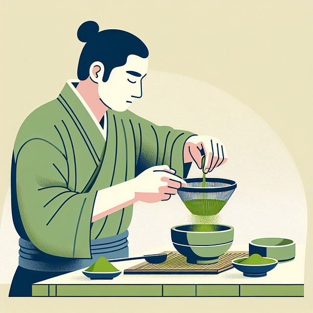 sifting matcha powder into a traditional matcha bowl