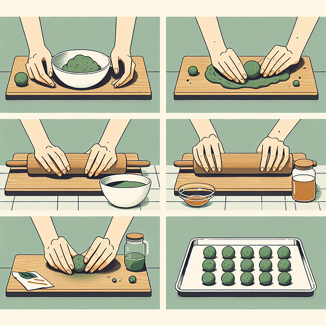 hand rolling matcha energy balls on a kitchen counter
