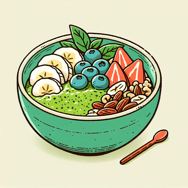 a bowl of matcha oatmeal topped with fruits and nuts