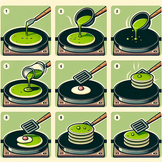 flipping matcha pancakes on a hot griddle