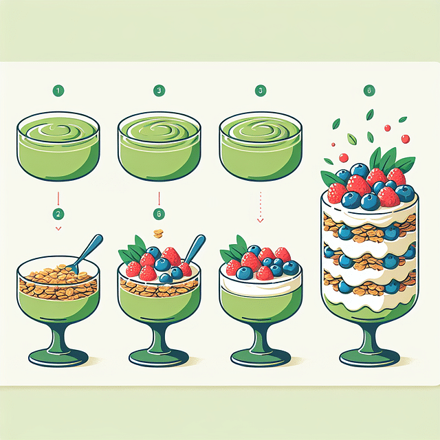 assembling a matcha yogurt parfait with layers of granola and berries