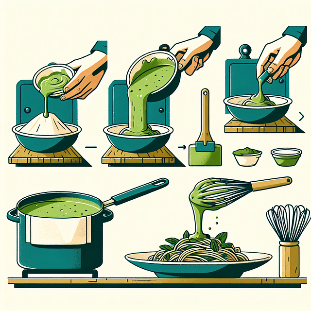 Creamy matcha sauce being drizzled over pasta