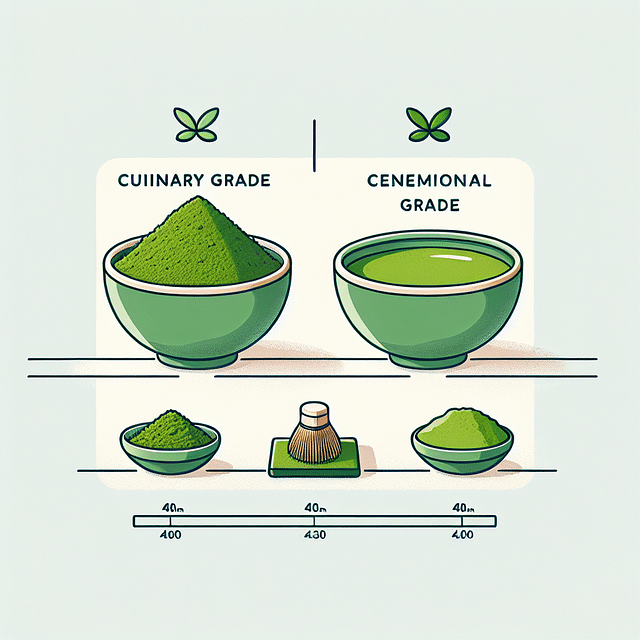 Culinary grade matcha powder next to ceremonial grade in small bowls