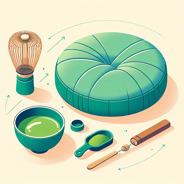 a meditation cushion by a matcha tea setup