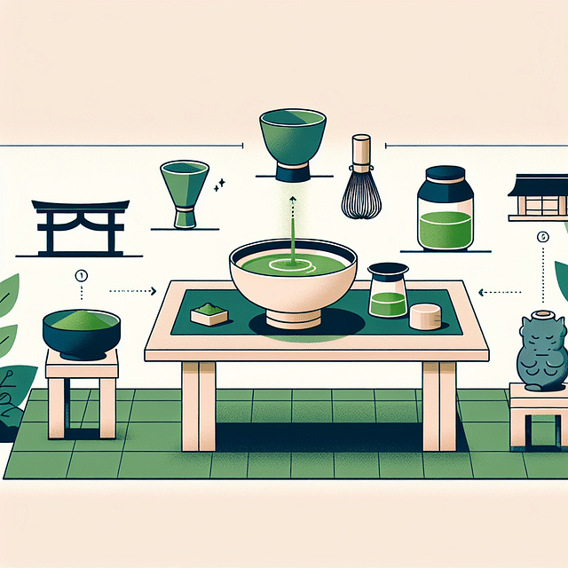a small table with matcha tea set and peaceful decorations