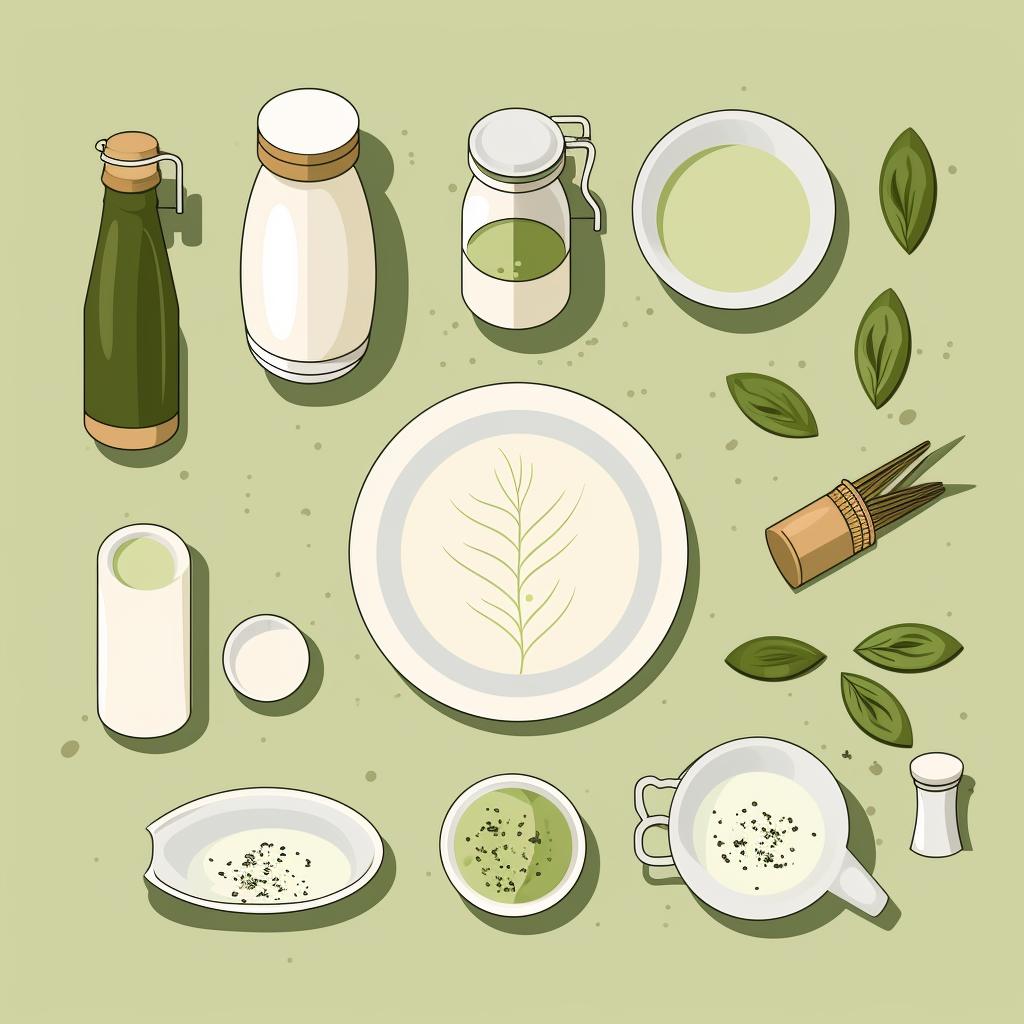 Ingredients for matcha latte neatly arranged on a kitchen counter
