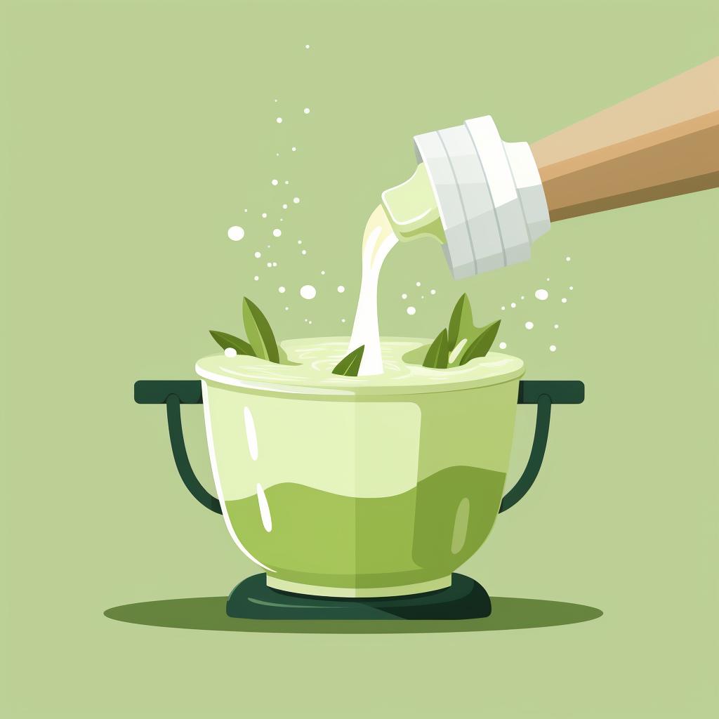 Chilled matcha mixture being poured into an ice cream maker.