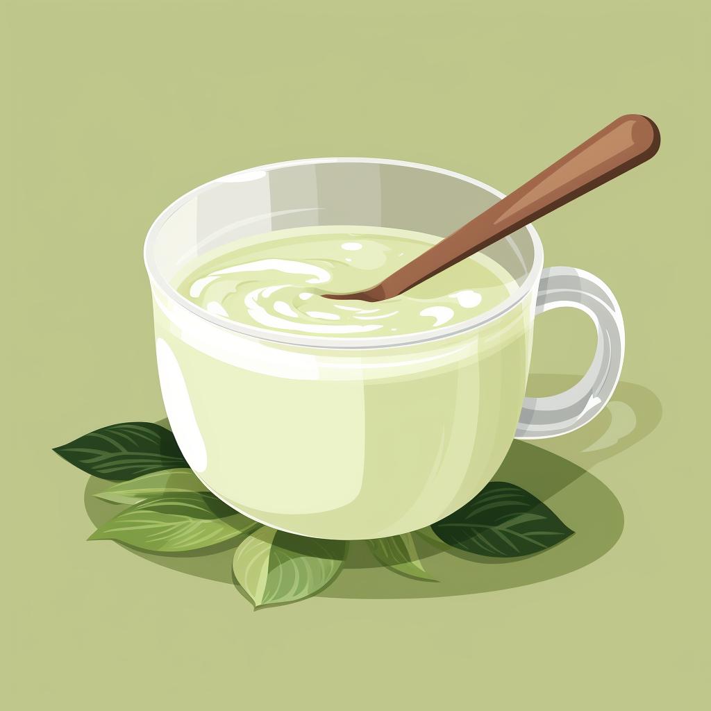 Matcha paste and hot milk being combined in a cup