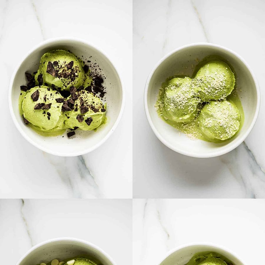 Delicious bowl of matcha ice cream garnished with various toppings