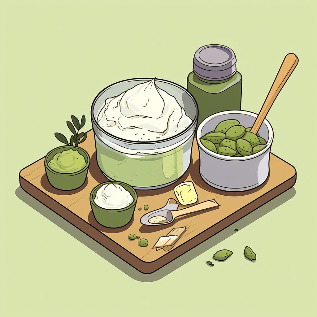 Ingredients for matcha ice cream neatly arranged on a kitchen counter.