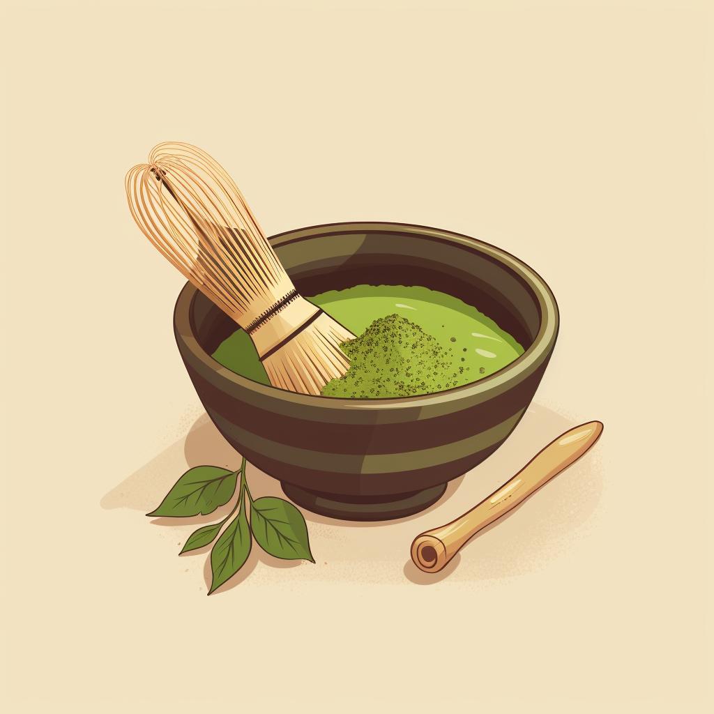 A bowl with matcha powder and a whisk