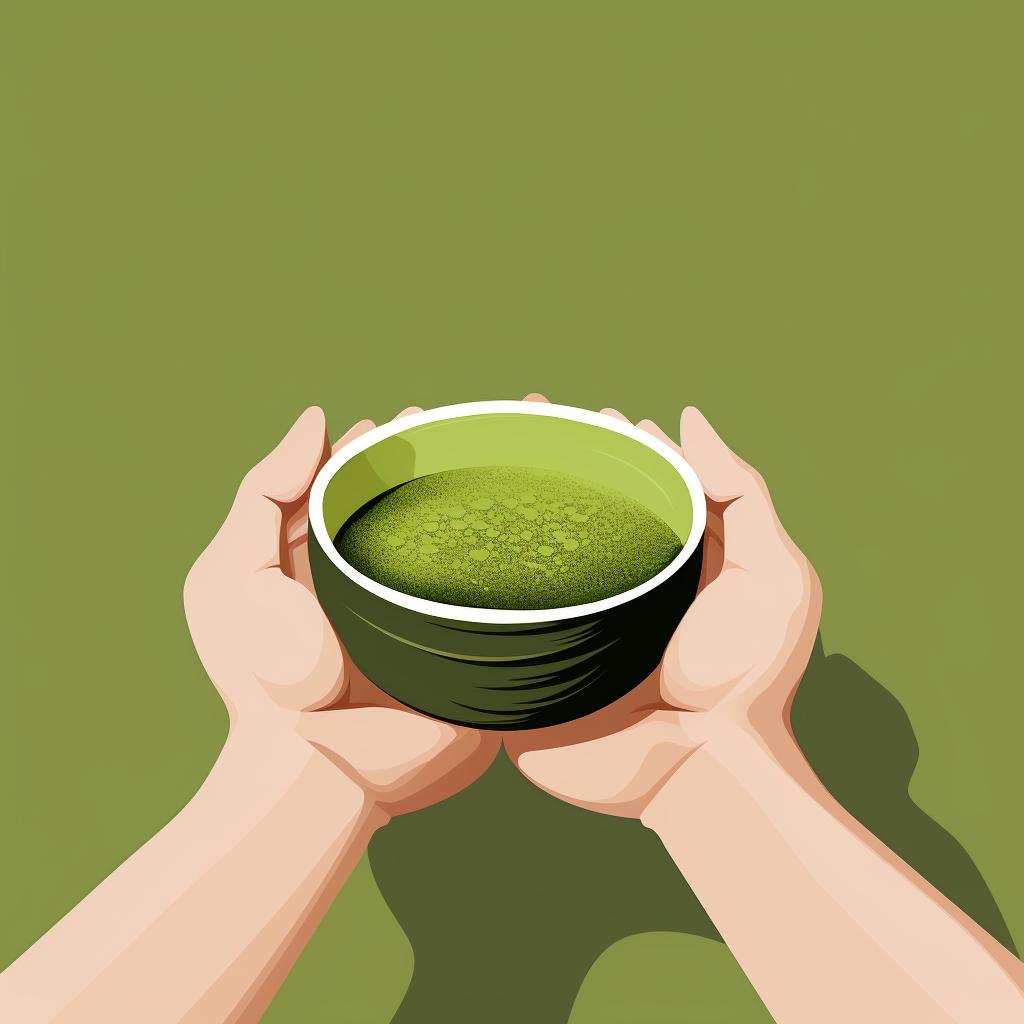 A hand holding a small bowl of vibrant green matcha powder