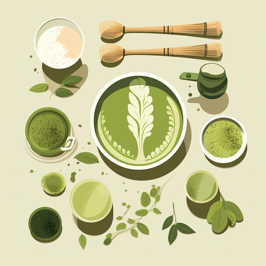Ingredients for matcha latte neatly arranged on a table