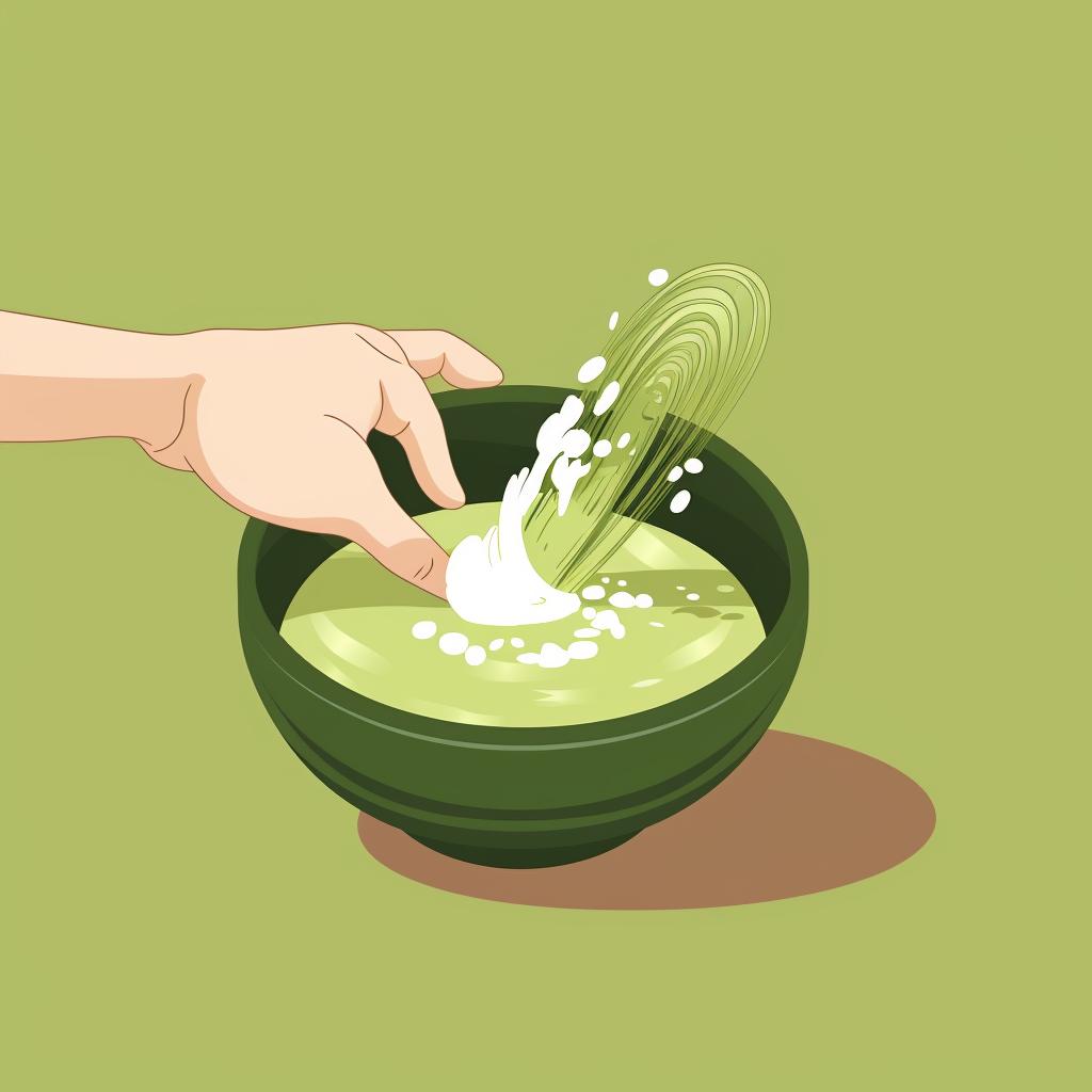 A hand sifting matcha powder into a bowl