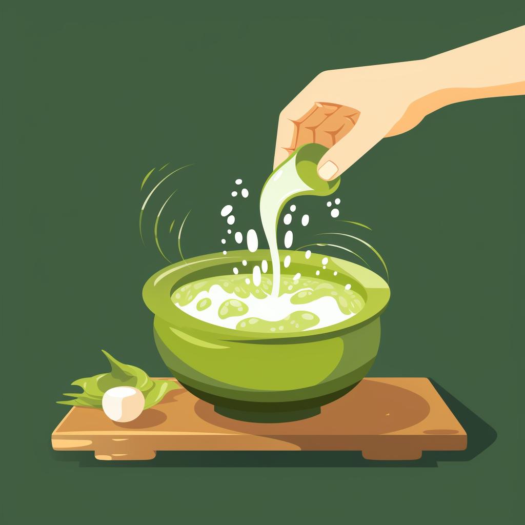 Pouring hot water into a bowl of matcha powder