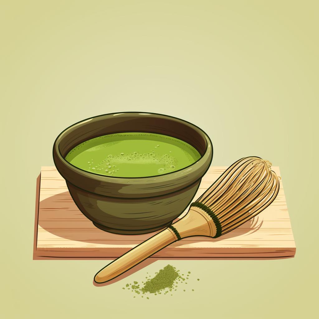 A bamboo whisk stirring matcha powder and hot water in a bowl.