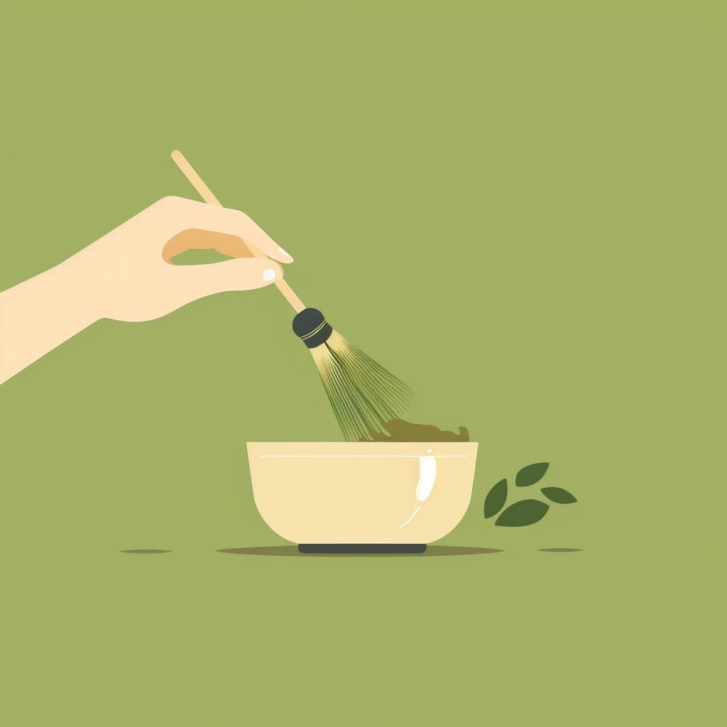 A hand whisking matcha with a bamboo whisk