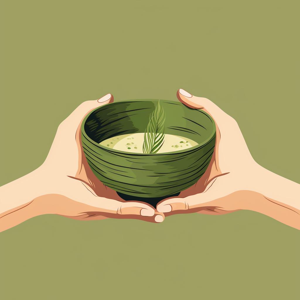 A hand holding a freshly whisked Matcha in a Chawan