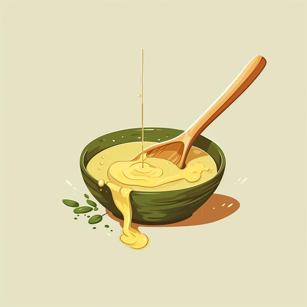 A spoonful of honey being added to the matcha milk tea