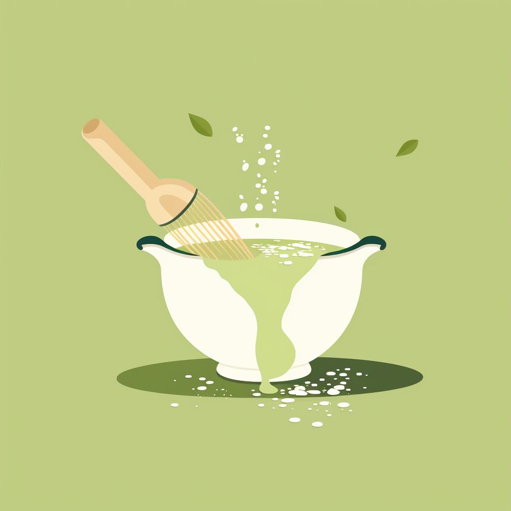 Matcha powder being whisked into the milk and sugar mixture.