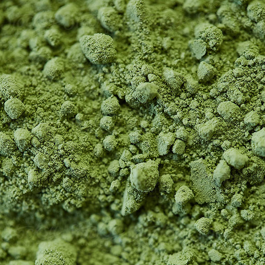 Close-up view of vibrant green matcha powder