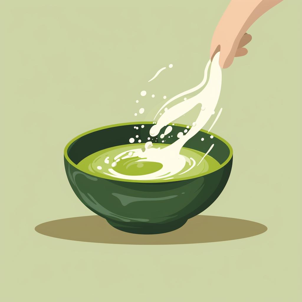 Hot water being poured into a matcha bowl with sifted matcha powder.