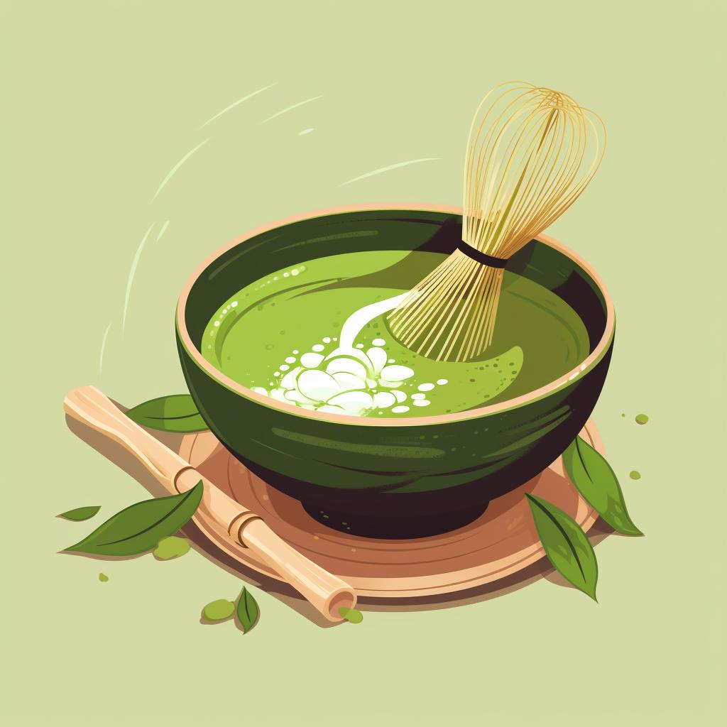 Whisking matcha powder and hot water in a bowl