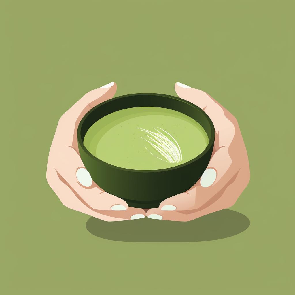A hand holding a matcha bowl with frothy matcha tea.