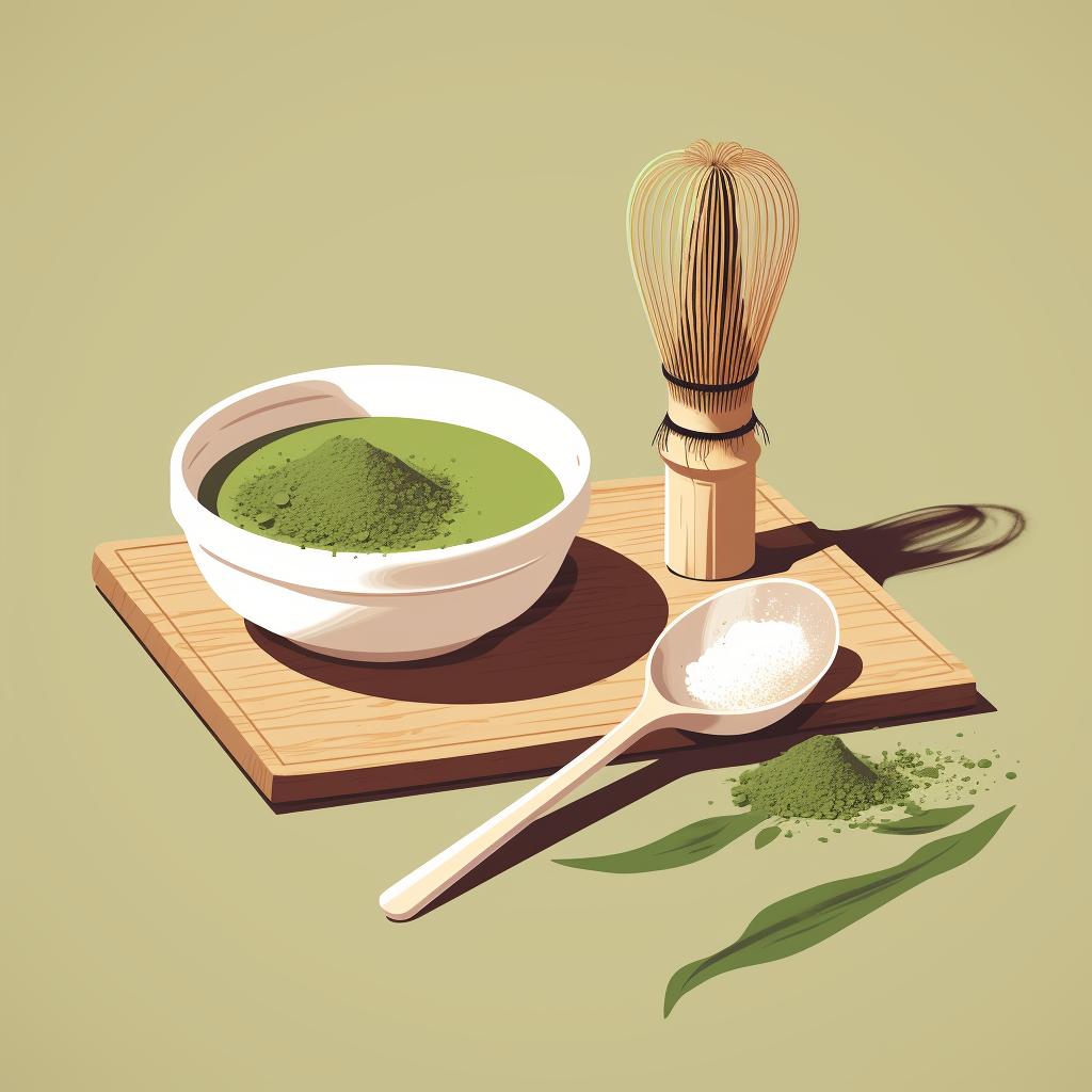 Matcha powder, hot water, matcha bowl, bamboo whisk, and bamboo scoop arranged on a table.