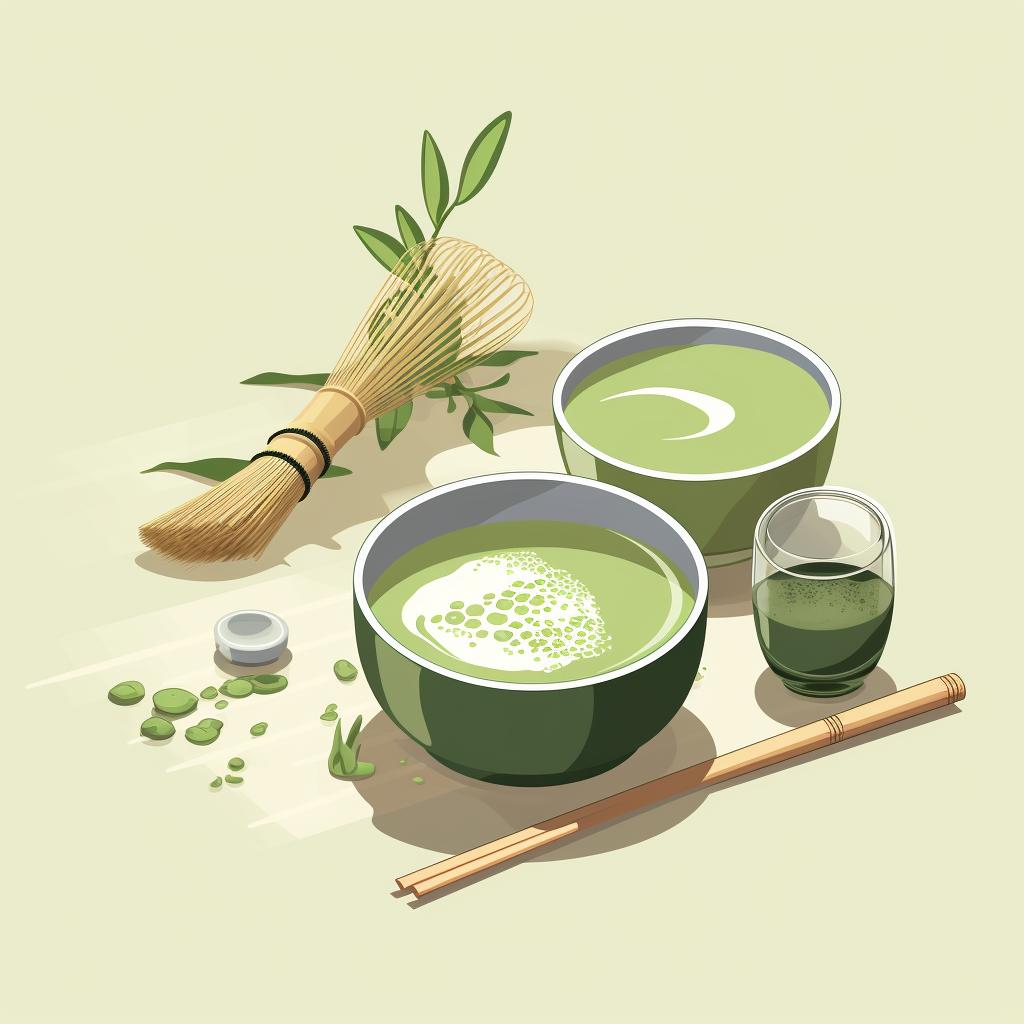 Ingredients for matcha latte on a table
