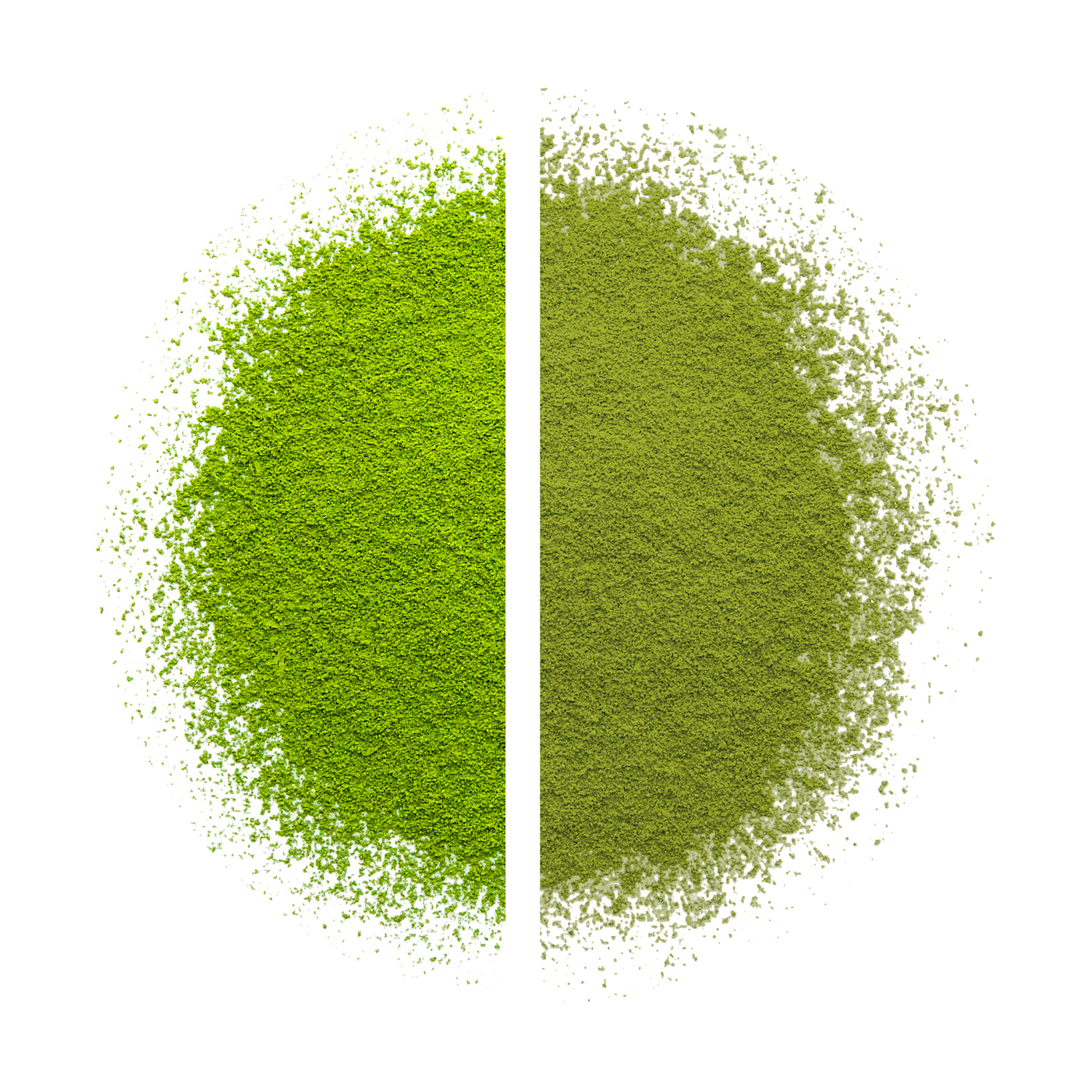 Close-up comparison of high-quality and low-quality matcha powder textures