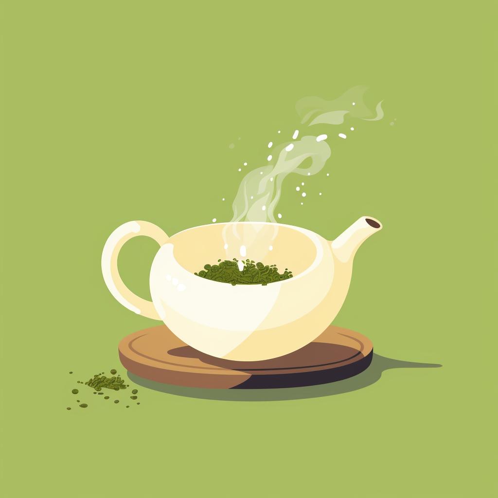 Hot water being poured over green tea powder in a teapot.
