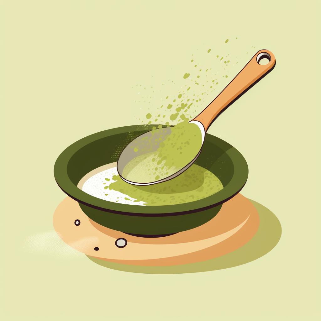 A small sieve over a bowl with matcha powder being sifted through.