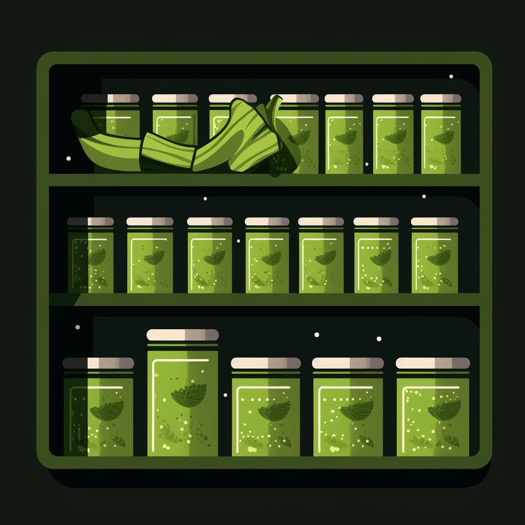 A container of matcha powder stored in a dark pantry