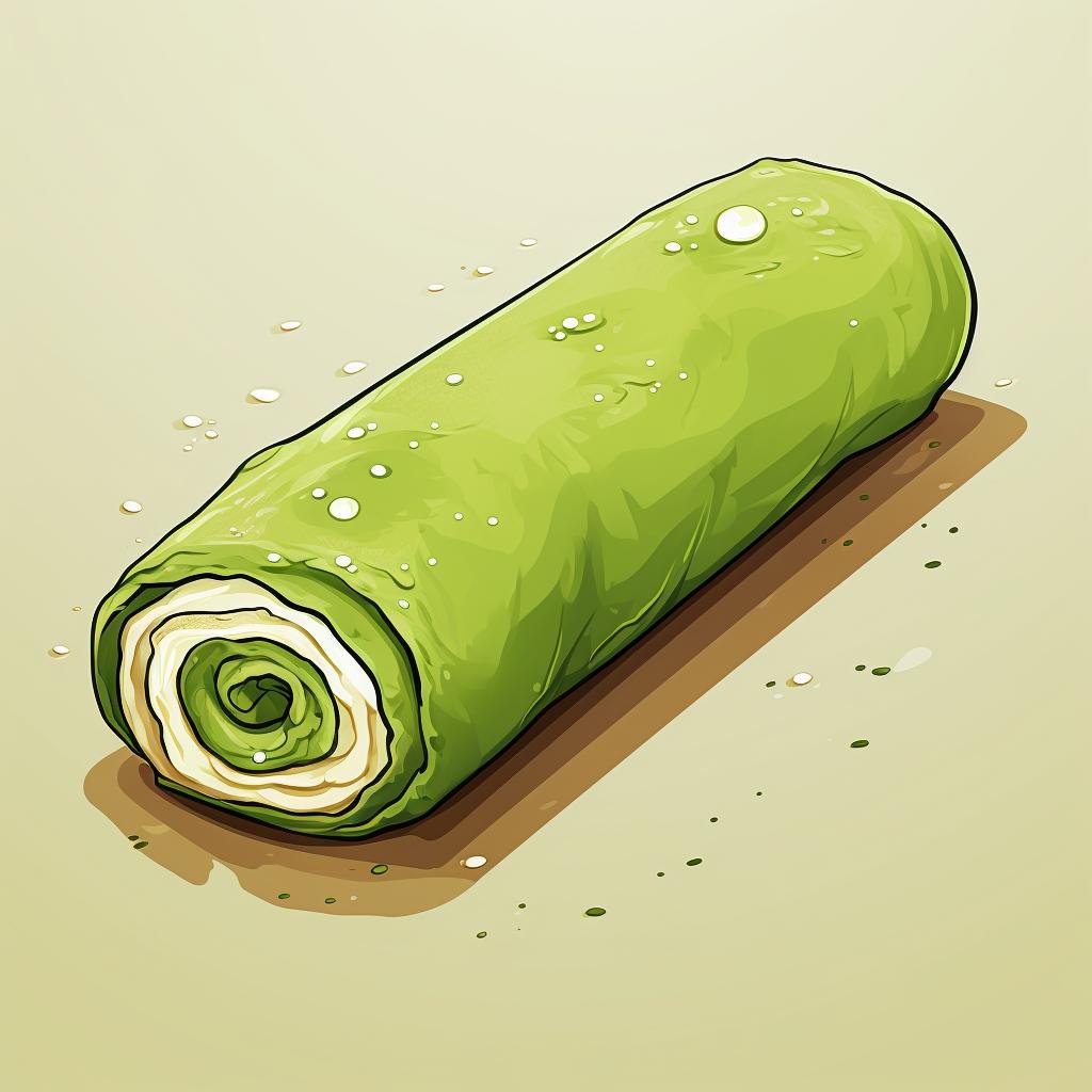 A rolled out dough with a layer of matcha paste spread on it.