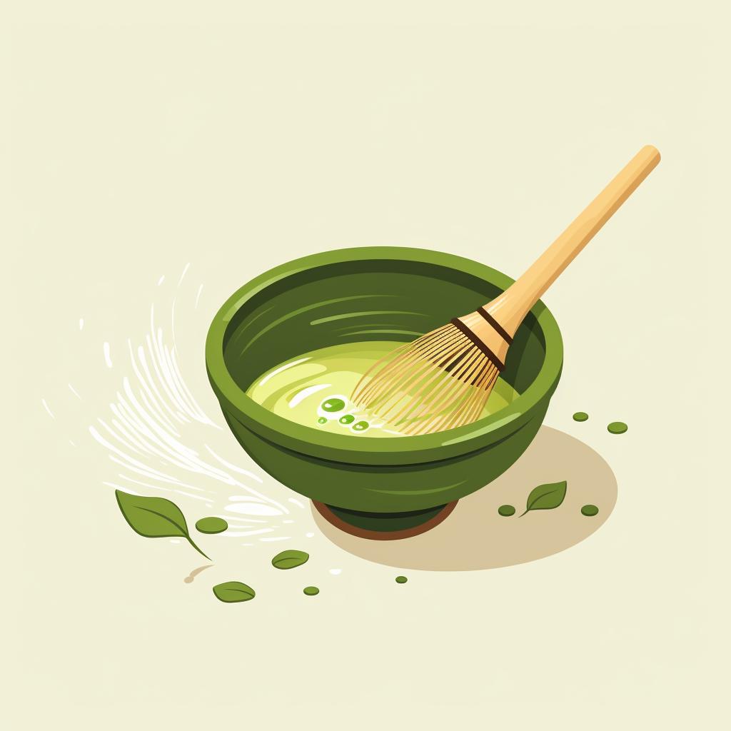 A bamboo whisk stirring the matcha and water mixture in a bowl.