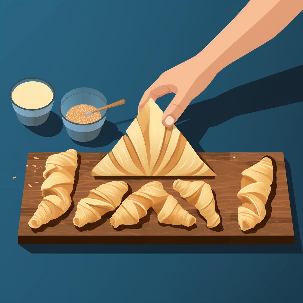 Dough being cut into triangles and rolled into croissant shapes.
